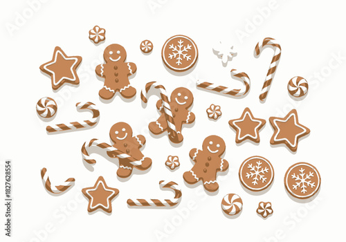 Festive assortment of iced gingerbread men stars snowflakes and candy cane cookies.