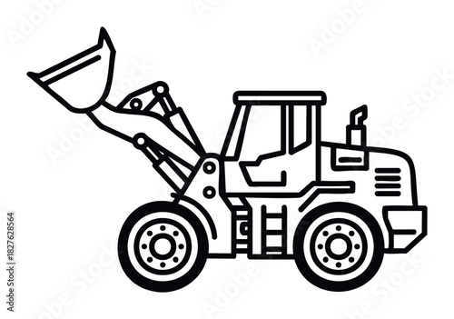Detailed line drawing of a loader vehicle for construction industry applications and heavy machinery promotions, great for print and web use.