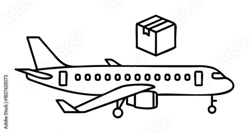 Airplane delivering cargo package by air transport concept for global logistics and delivery services represented as simple outline graphic.