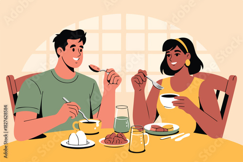 A couple at a table, enjoying breakfast with food and drinks. The scene has a friendly, modern design