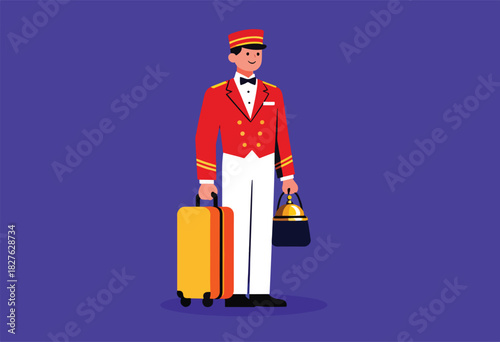 Illustration of a bellhop in formal red and white attire, holding luggage. Dark purple background