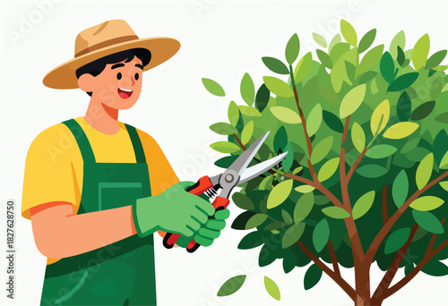 A smiling gardener with a hat and gloves shears a dense leafy bush with pruning shears