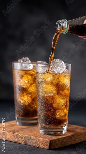 Wallpaper Mural Hand pouring cold-brew hojicha over ice in a glass tumbler, condensation glistening, Minimalist Japanese counter with black stone surface and soft wood accents, Soft backlight with warm glow through Torontodigital.ca