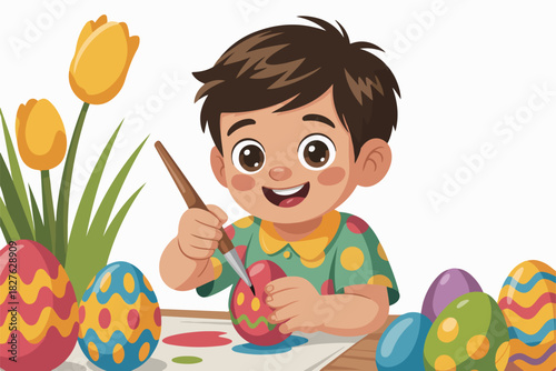 A happy young boy paints an Easter egg with a paintbrush. Colored eggs and tulips decorate scene