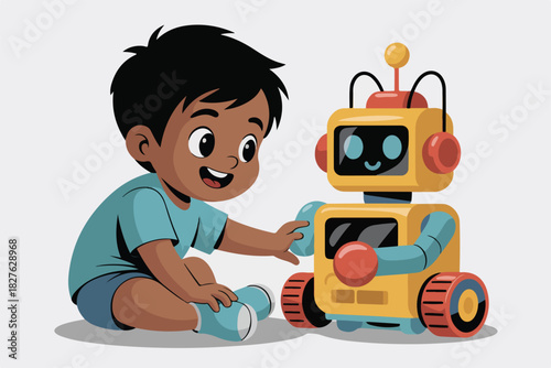 A cartoon child sits on the floor interacting happily with a robot toy. It is a colorful illustration