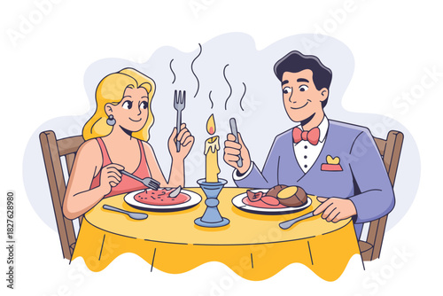 A smiling couple at a candlelit restaurant meal, plates of food, and stylized steam