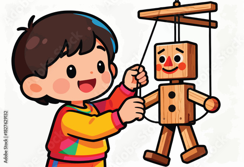 A cartoon child operates a wooden puppet with a smiling face. The child smiles back, joyfully playing with a doll