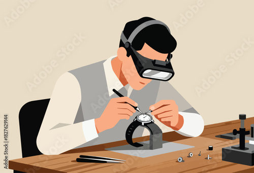 A skilled watchmaker, magnified by a loupe, meticulously repairs a timepiece on a workbench