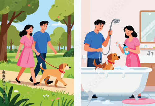 An illustration depicts a couple walking a dog then bathing it. One shows outdoor walk, the other a bathroom scene