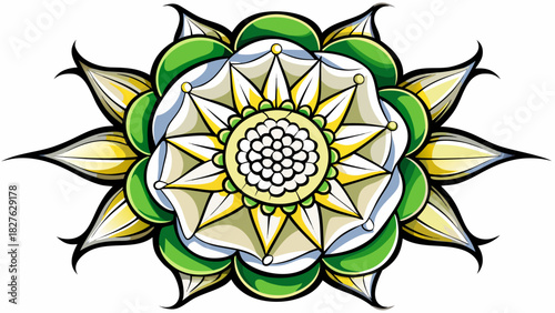 Very beautiful vector illustration of the White Rose of York, featuring a clean, symmetrical emblem with crisp white petals outlined subtly for definition, isolated on a pure white background in a mod