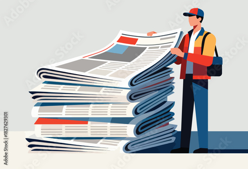 A person in a hat and carrying a satchel stands next to a stack of newspapers, holding one open