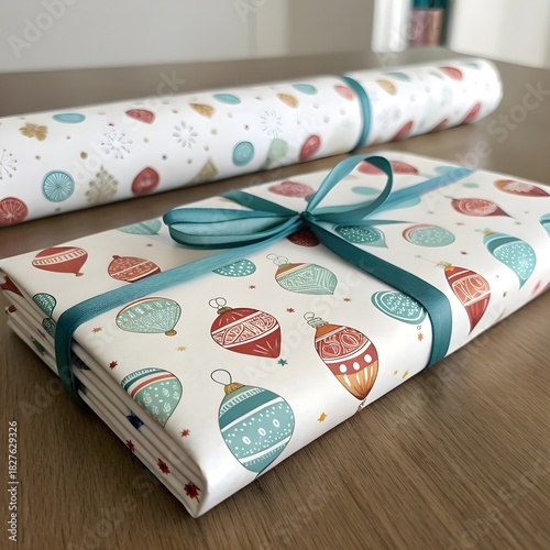 Festive christmas ornaments gift wrap and tied present