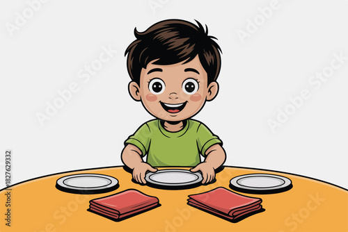 A cartoon boy smiles at the viewer, set at a table with plates and napkins. He is ready to eat