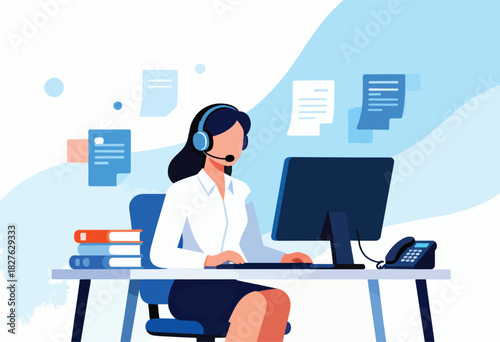 Flat illustration of a customer service agent wearing a headset, working on a computer at a desk