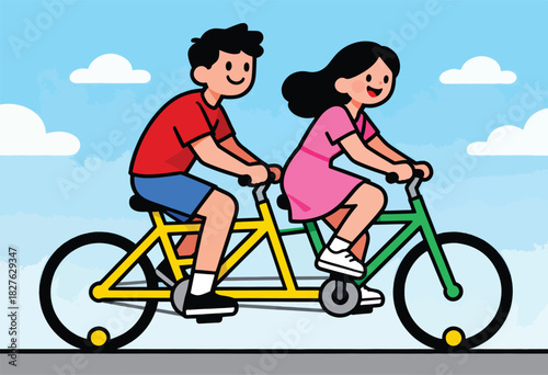 A cheerful illustration of a man and woman riding a tandem bicycle under a light blue sky with puffy white clouds