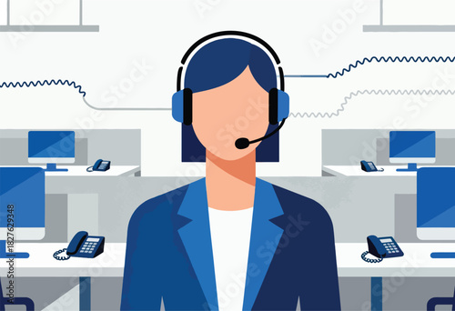 A customer service rep wearing a headset in a call center, surrounded by desks and computers