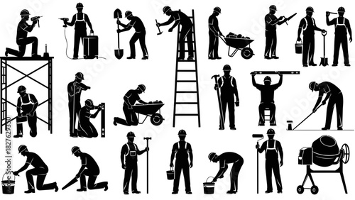Construction workers in action: Vector silhouettes of builders, repairs, and renovation professionals at work, perfect for illustrating home improvement projects