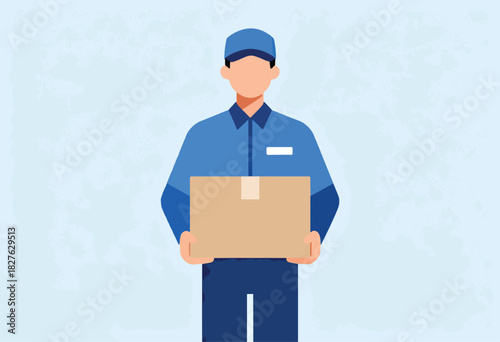 A uniformed person in blue holds a brown cardboard package. Pale blue textured background completes the simple, flat image