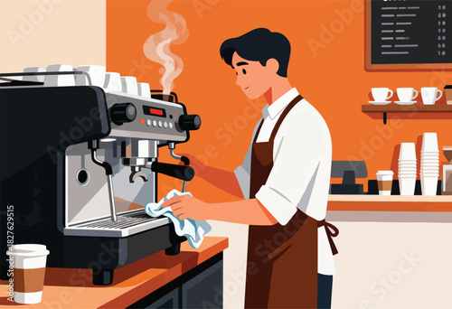 A barista in a cafe, wearing an apron, is seen cleaning a coffee machine with steam rising. Coffee cups nearby