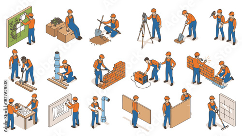 Construction workers in isometric style performing various tasks, perfect for illustrating construction and repair services with modern designs
