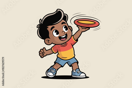 A cheerful cartoon illustration shows a young boy enthusiastically tossing a frisbee in the air