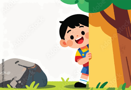 A cartoon child peeks from behind a tree, smiling, with a rock and grass. Green and earthy colors