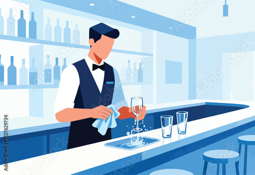 A stylized illustration of a bartender wiping a glass behind a bar, with bottles on shelves