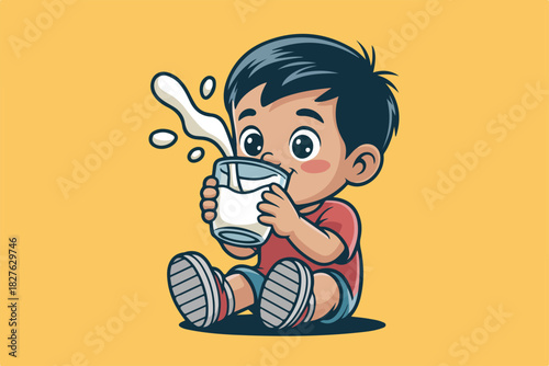 A cartoon child is seated, holding a glass of milk with a splash effect, on a yellow background