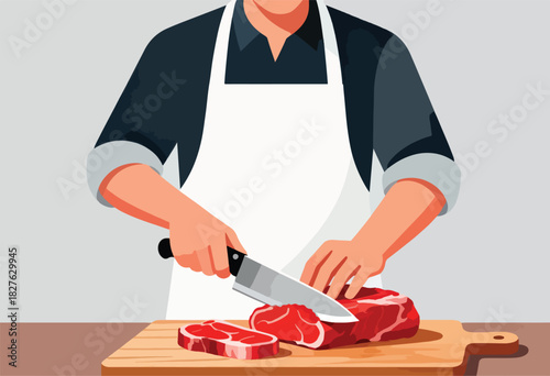 A butcher wearing a white apron and dark shirt cuts a large raw steak with a knife on a wooden cutting board