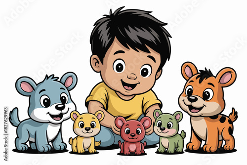 A joyful child surrounded by five cartoon animals, smiling with glee.  Blue, yellow, red, and green pets are featured