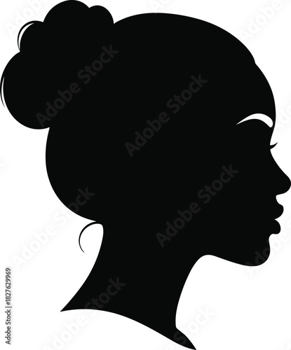 Silhouette, woman profile, bun hairstyle, elegance, classic beauty, minimalist, black figure, side view, contour, anonymity, grace, simplicity, timeless, 