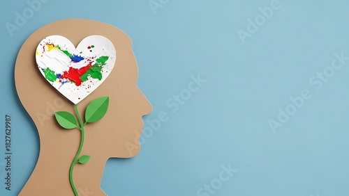 Mind silhouette with colorful heart, sprouting plant. represents creativity, emotional growth, mental health, artistic thought. light blue background, concept art.