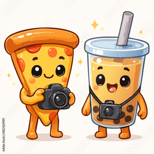 Kawaii Pizza and Boba Characters Holding Cameras in Cute Cartoon Style