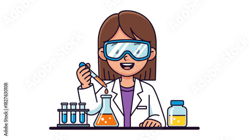 Scientist conducting experiments in lab with flasks and tools, science student with safety glasses mixing chemical solutions, education, and research concept
