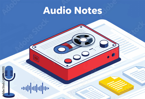 Illustration depicts a cassette tape recorder with microphone, sound wave and paperwork with "Audio Notes