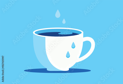 A stylized image of a white teacup with liquid inside, with water droplets falling, all on a blue backdrop