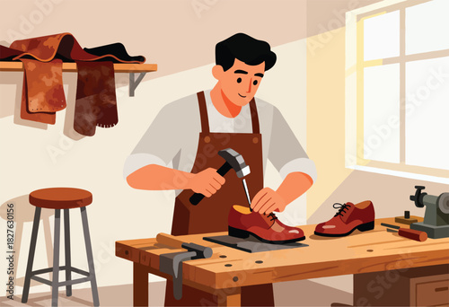 A shoemaker, apron-clad, expertly crafts a shoe on a wooden bench with tools and leather. Another shoe complete