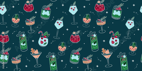 Seamless background - Winter holiday drinks. Christmas cocktails endless pattern.Christmas and New Year's drinks in glasses of various shapes. Colorful illustrations in doodle sketch style. 