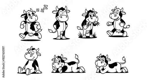 Collection of Cute Cartoon Cows in Various Poses and Activities.