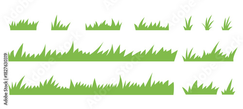 Set of flat green grass silhouette isolated on white background. Vector illustration. 