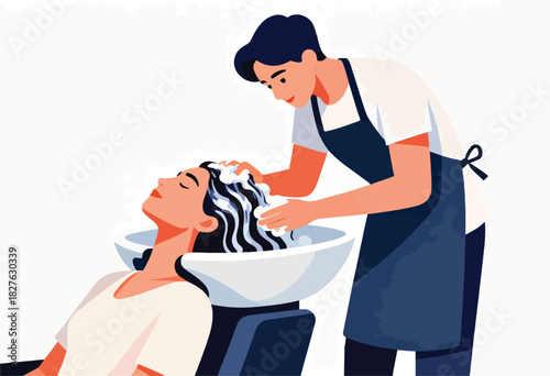 Illustration of a hair salon. A client is getting their hair washed by a stylist, foam & sink present