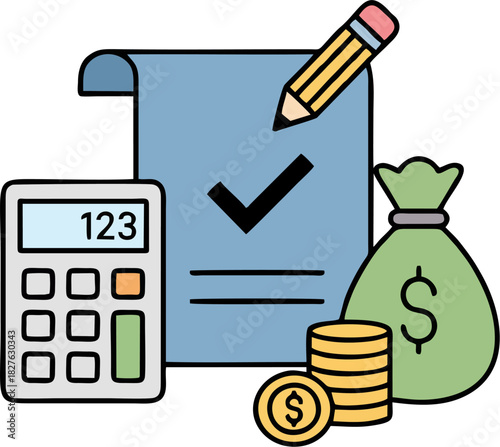 Tax Preparation Icon with Calculator, Receipt, and Money – Flat Finance Vector