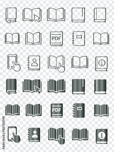 Reading, Library, and Document Icons Set, Featuring Books, PDF Files, Address Books, and Information Symbols