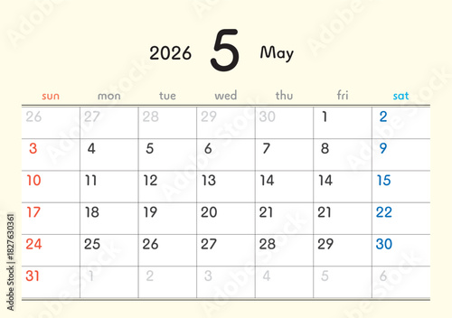 2026年カレンダー5月