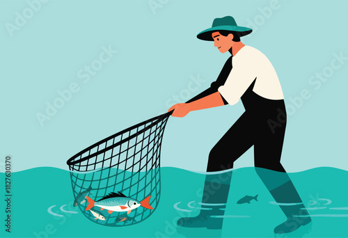 A person in a hat and boots catches fish in a net. Calm ocean and fish. Vector-style illustration