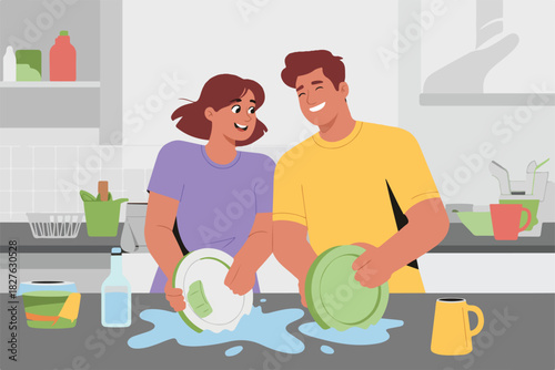 A smiling couple, in a kitchen, washing dishes together. The bright, clean illustration shows domestic chore co-operation