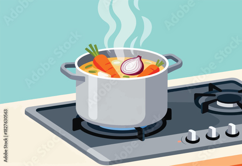 A steaming pot of soup simmers on a stovetop, filled with vegetables, next to control knobs
