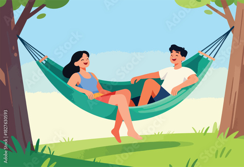 An illustration shows two smiling people lounging in a teal hammock strung between two trees in a park