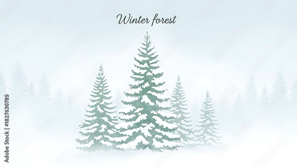 Fototapeta premium Winter forest scene with snowcovered evergreen trees in a misty, white landscape, perfect for holiday and nature themes
