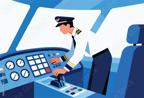 A pilot in a uniform operates the aircraft controls in the cockpit. Simplified illustration with blue hues